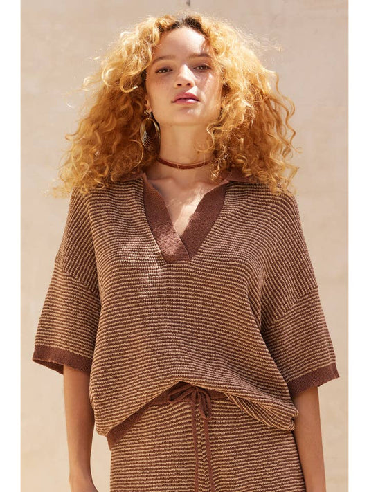 Striped Collared Top - Brown/Sand