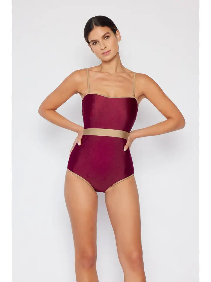 Contrast Banding Swimsuit - Shine Wine