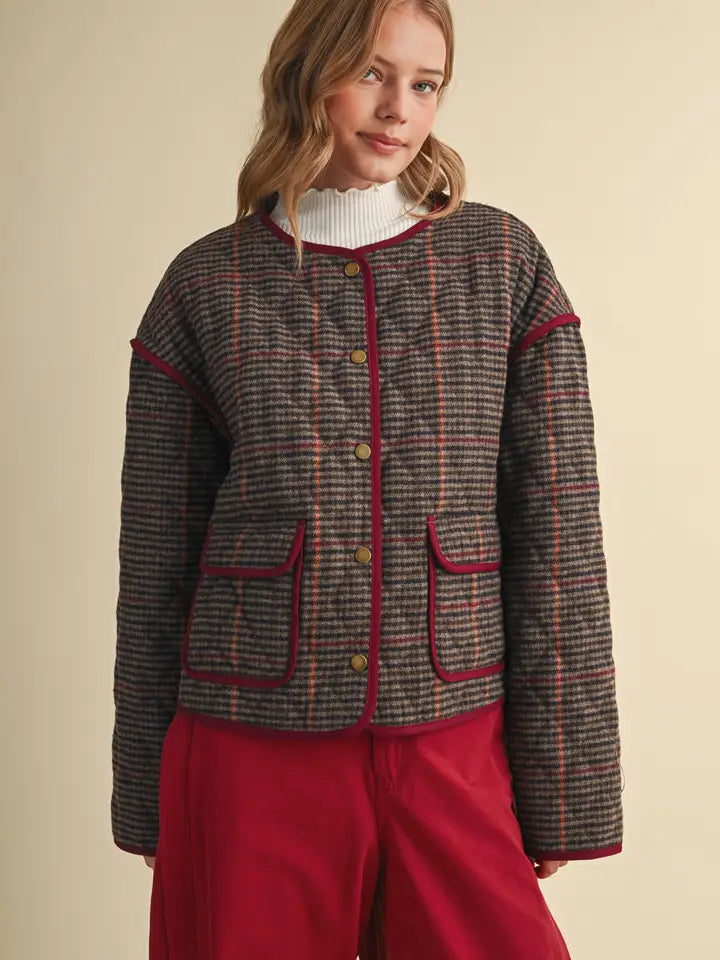 Houndstooth Jacket with Contrast Binding - Brown Multi Plaid