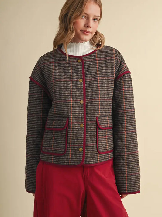 Houndstooth Jacket with Contrast Binding - Brown Multi Plaid