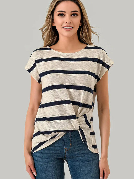 Stripe Twist Front Top - Cream/Navy