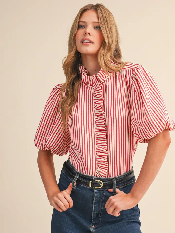 Striped Ruffle Button Down - Berry Red
