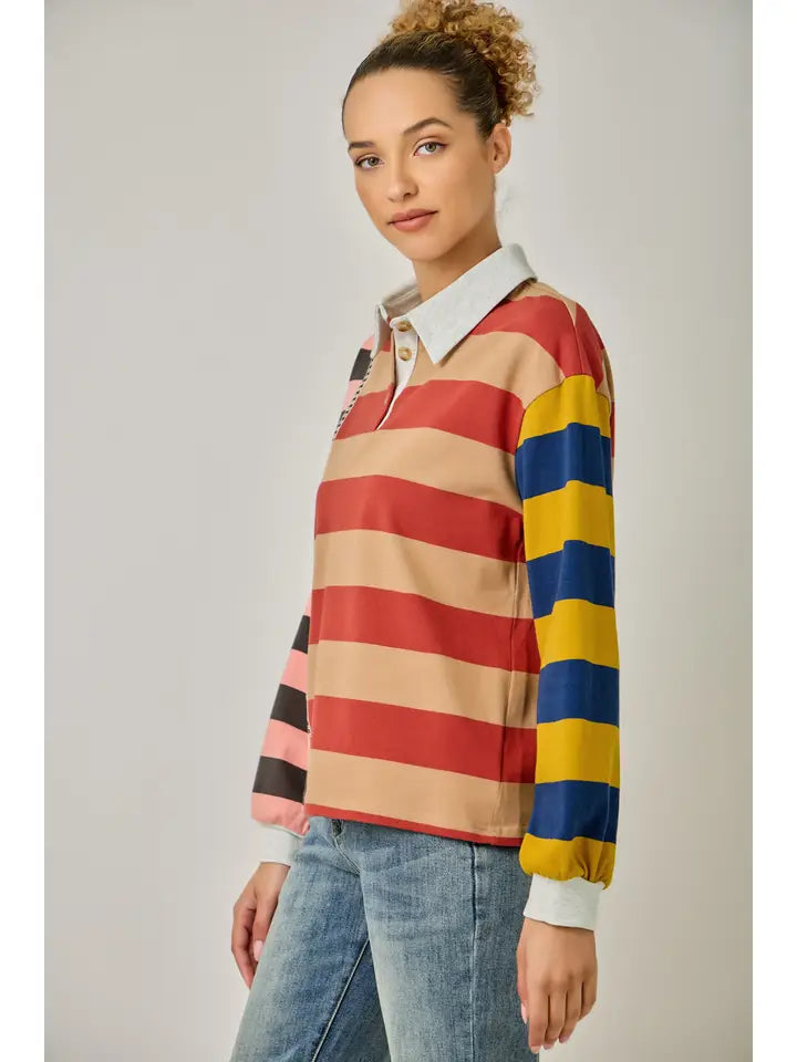 Stripe Color Block Pullover - Pink/Red/Mustard