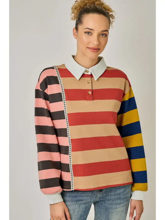 Stripe Color Block Pullover - Pink/Red/Mustard