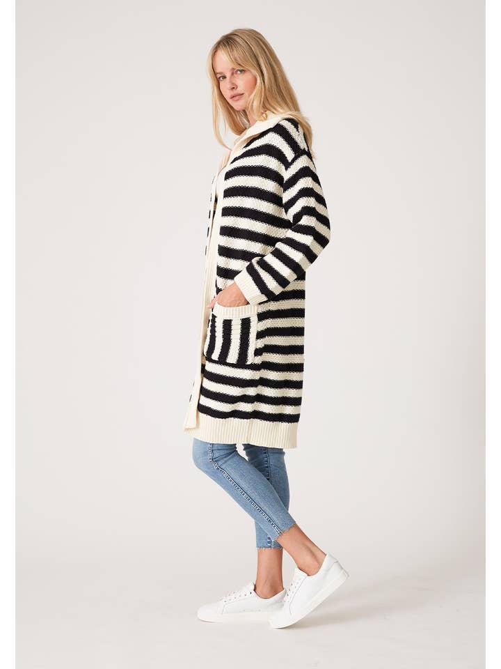 Striped Longline Cardigan - Black/White