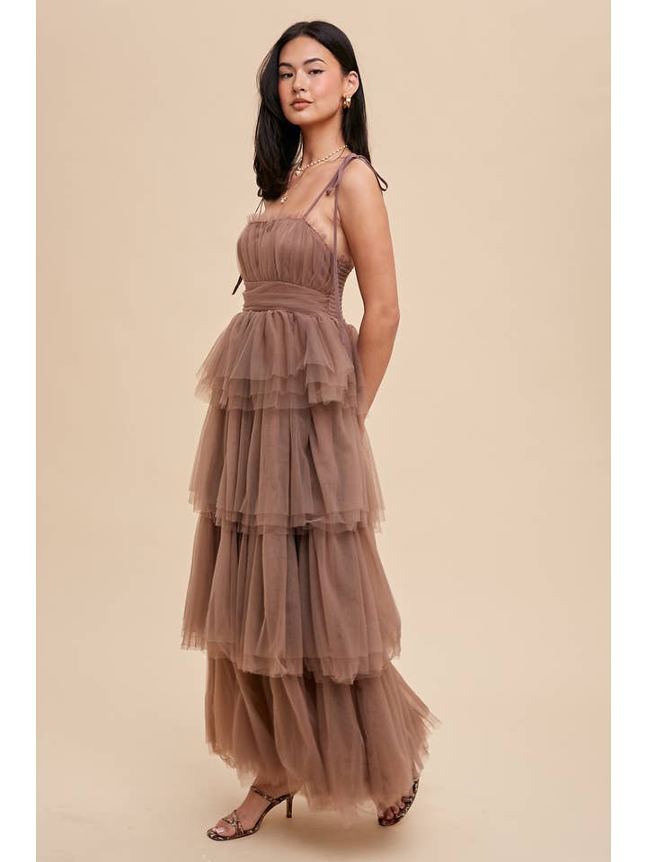 Tiered Mesh Ruffle Dress - Mushroom