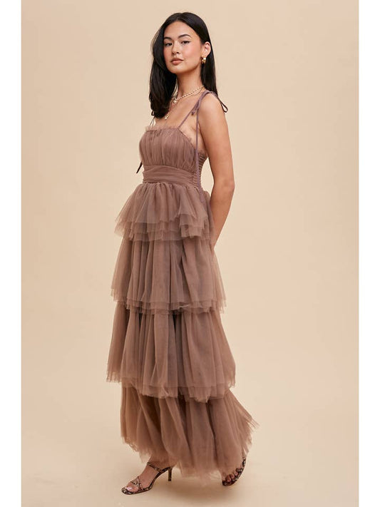 Tiered Mesh Ruffle Dress - Mushroom