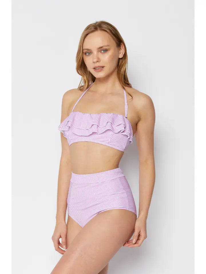 Ruffled Bandeau Bikini - Stripe Pink