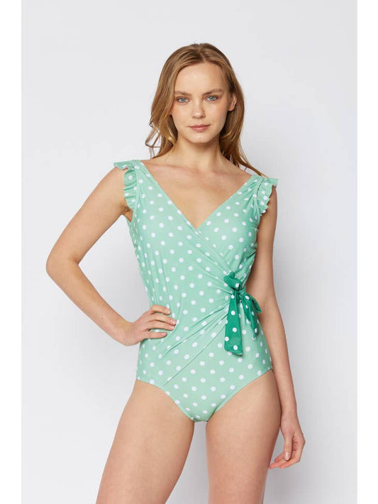 Ruffle Wrap Tie Swimsuit - Mint White Dot