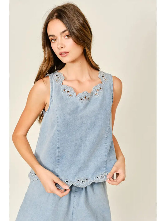 Embroidered Sleeveless Denim Top - Light Denim