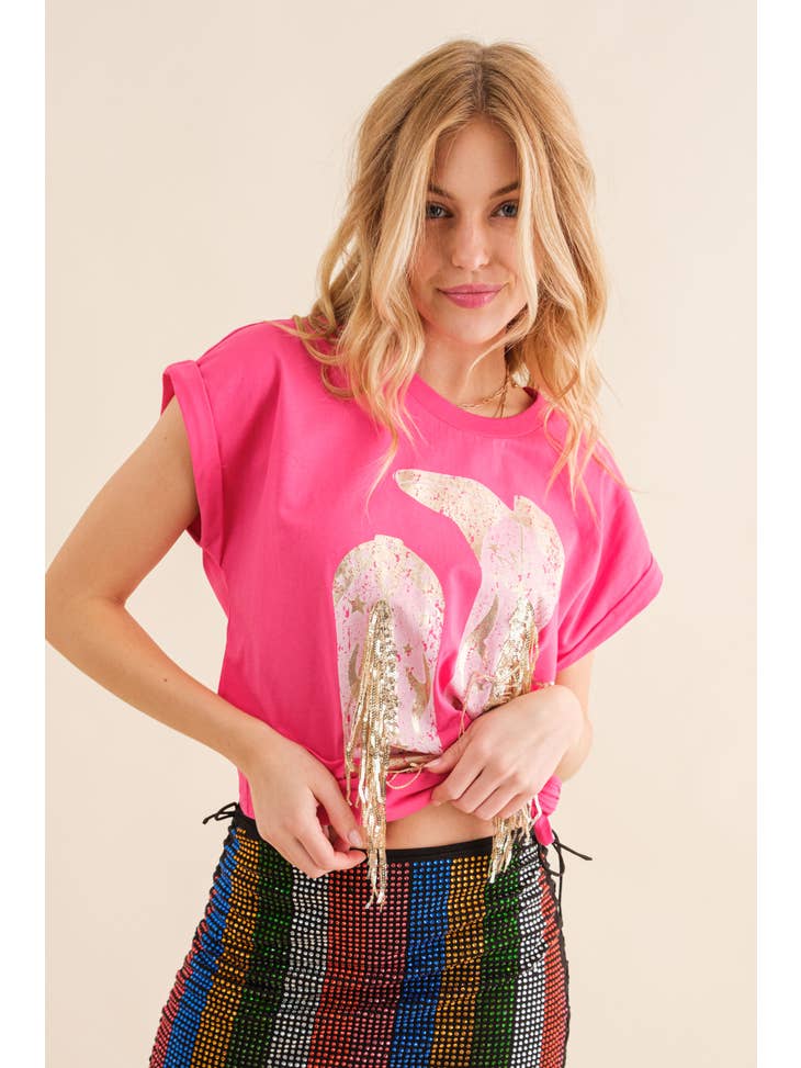 Foil Graphic Fringe T Shirt - Hot Pink