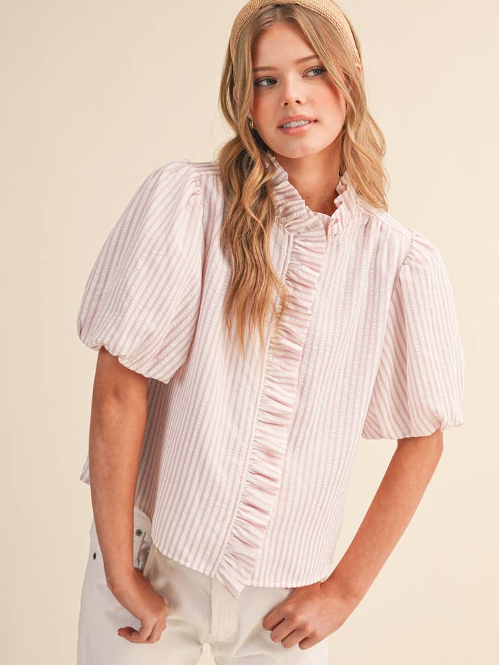 Striped Ruffle Button Down - Sweet Pink