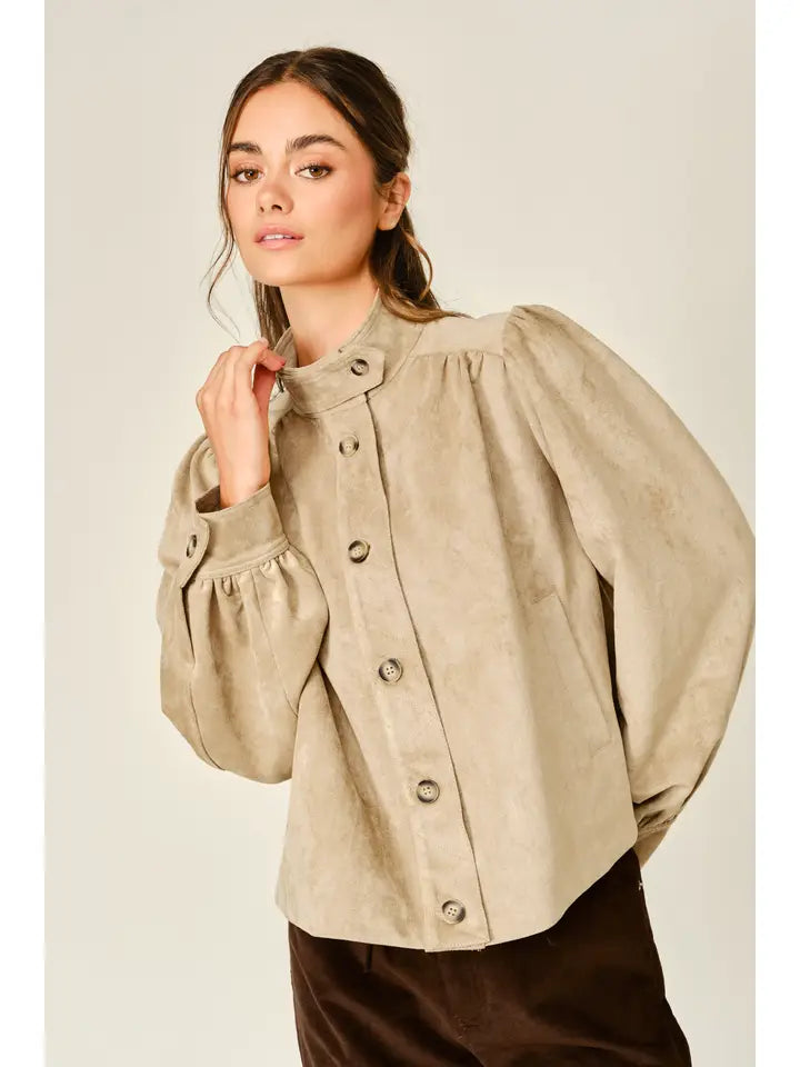 Stretch Suede Turtleneck Shirt Jacket - Tan