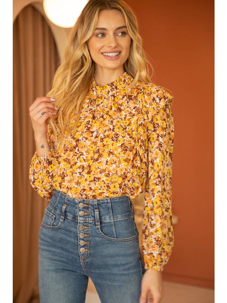 Ruffle Front Floral Top - Mustard