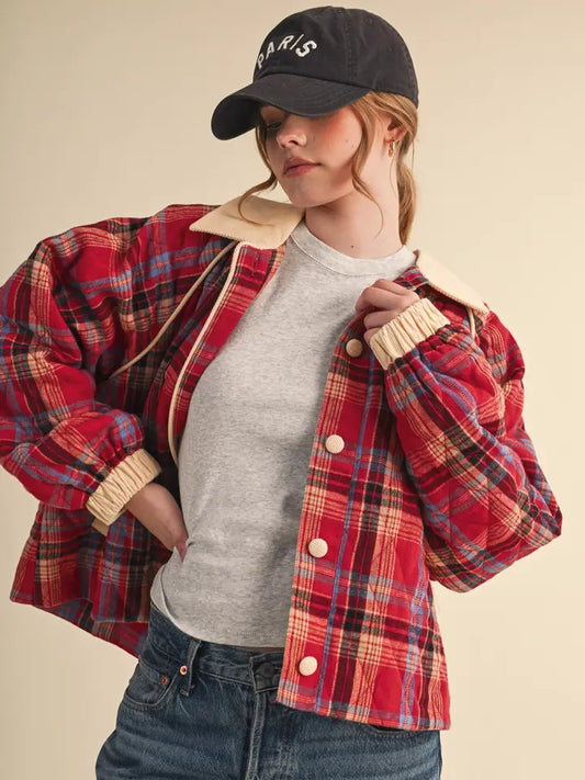 Plaid Quilted Jacket - Red Blue