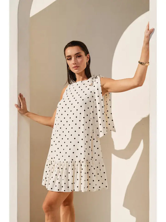Polka Dot Ruffle Mini Dress - Cream/Black