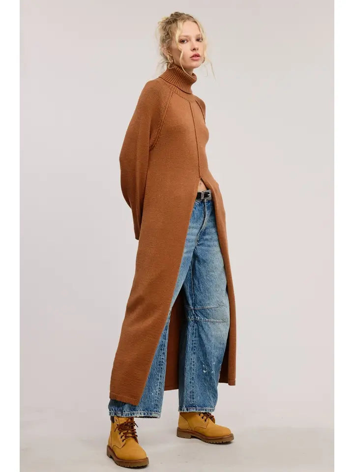 Ribbed Turtleneck Sweater Slit Dress - Camel