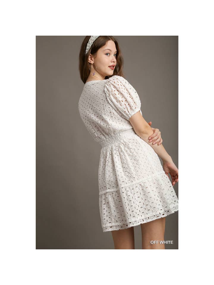 Puff Sleeve Lace Mini Dress - Off White