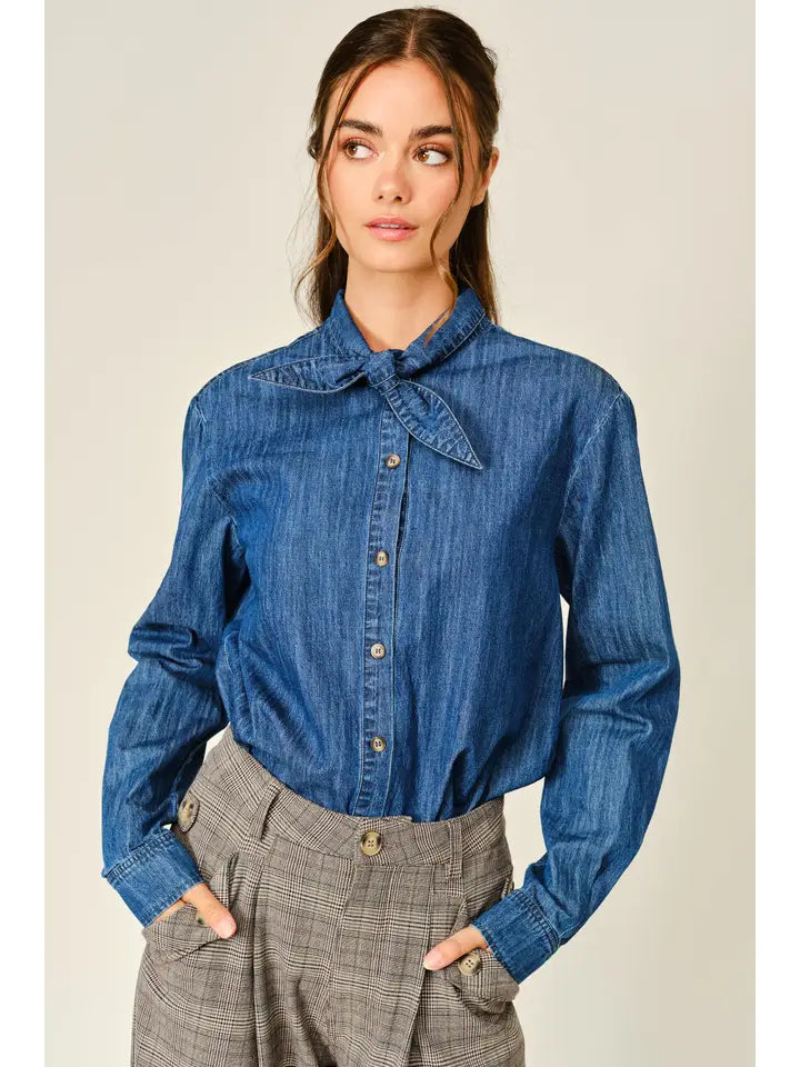 Oxford Ribbon Tie Blouse Shirt - Denim