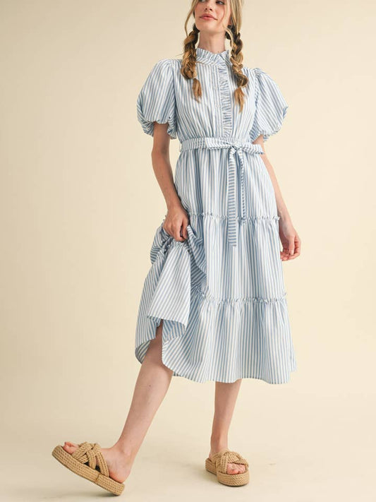 Striped Ruffled Midi Dress - Sky Blue