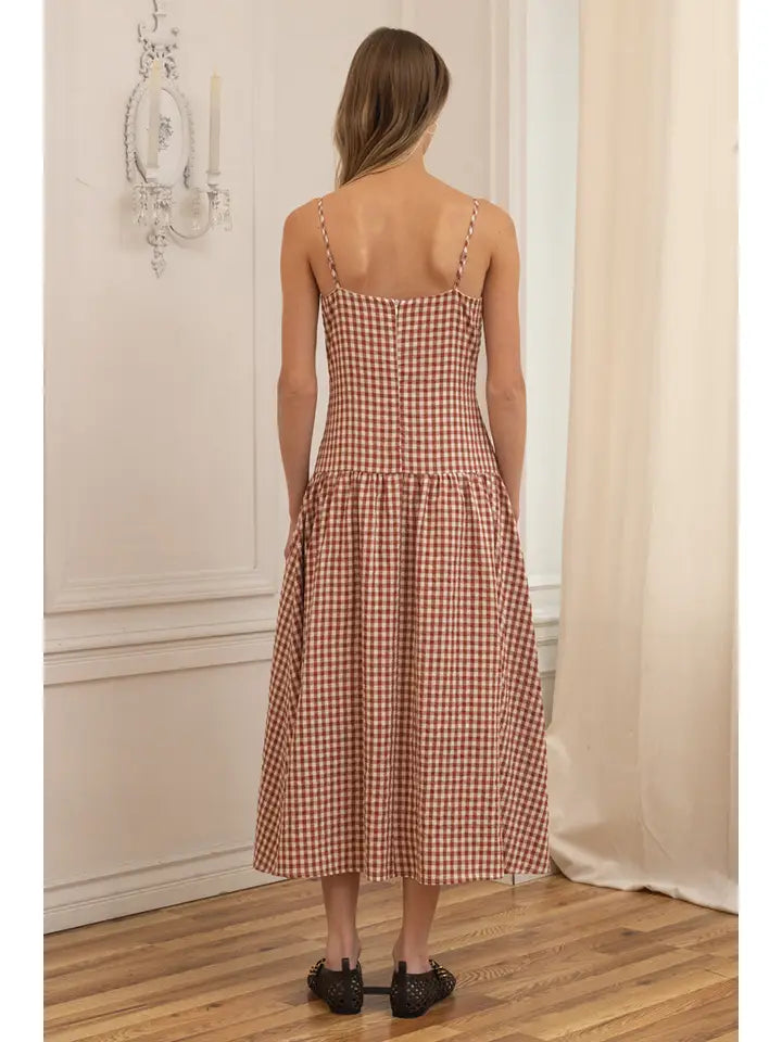 Gingham Sweetheart Midi Dress - Warm Brown
