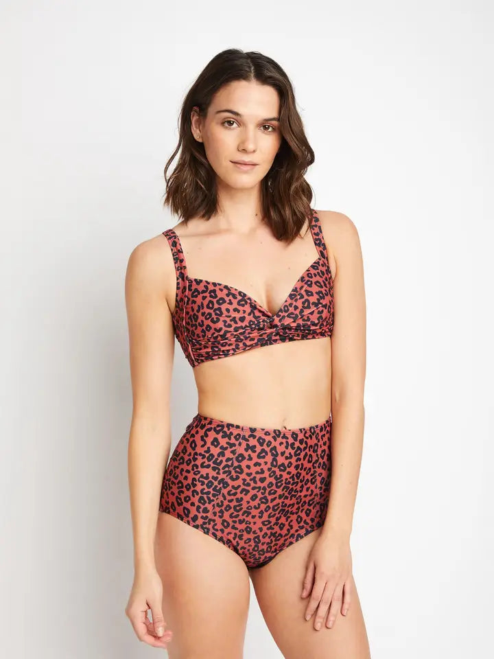 High Waisted Crossed Swimsuit - Brick Leopard