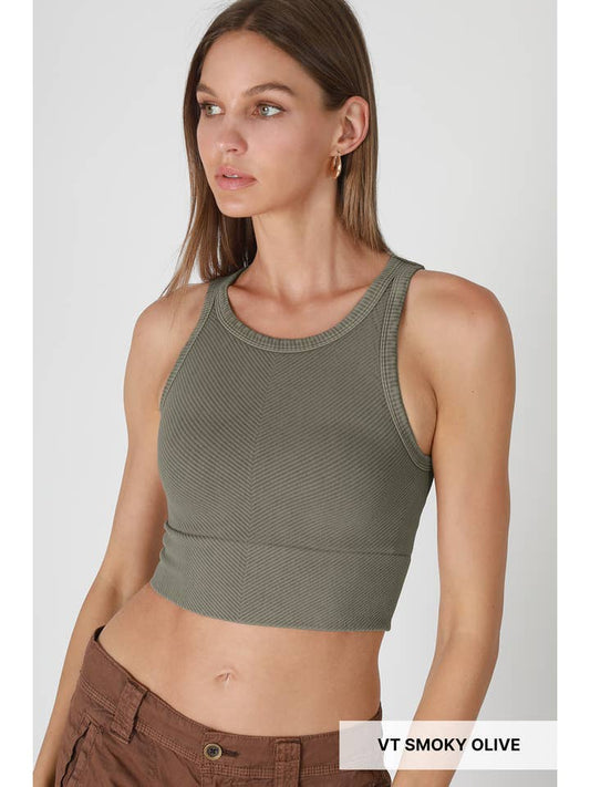Chevron Highneck Crop Top - Vintage Smoky Olive