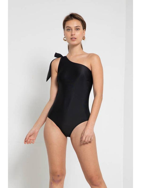 One-Off Shoulder Tie Swimsuit - Black