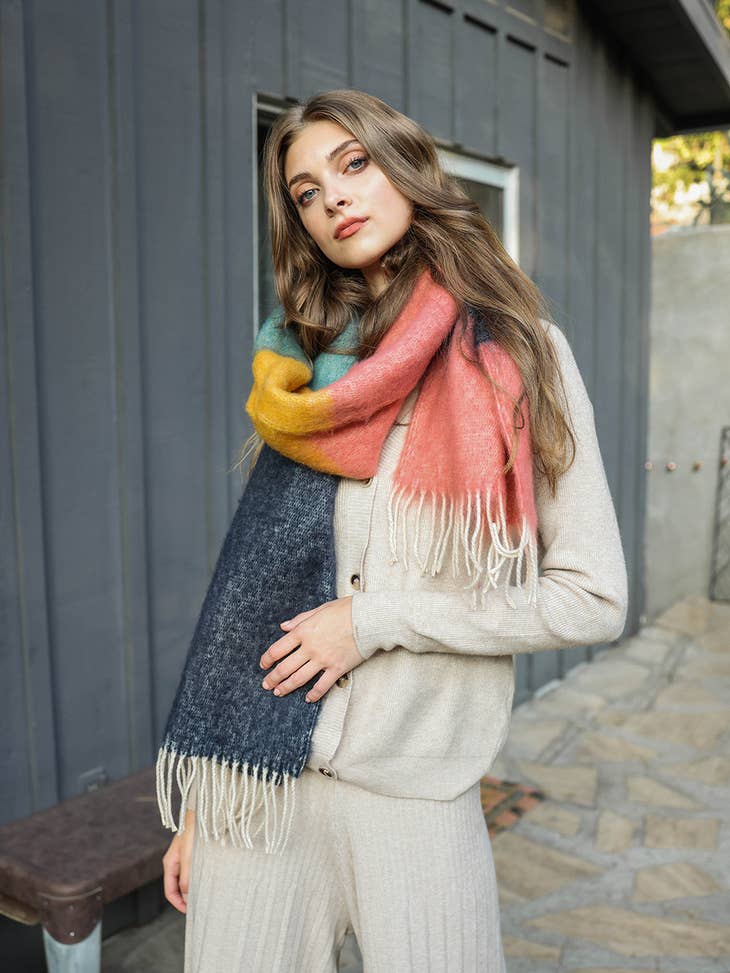 Color Block Faux Mohair Scarf - Rose Navy
