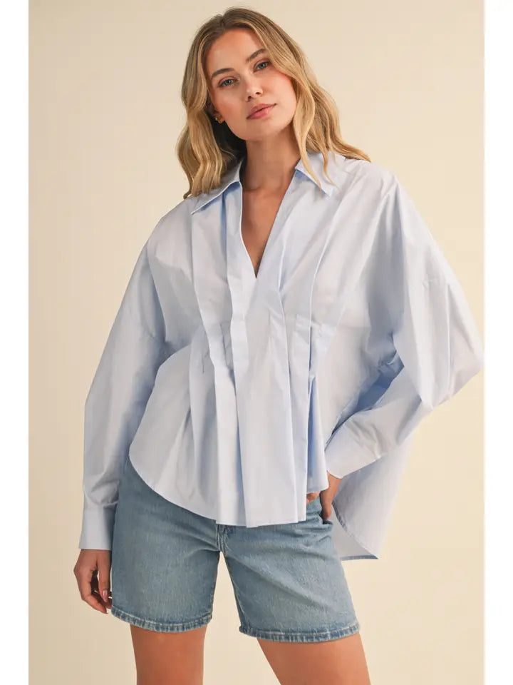 Pleated Detail Collared Shirt - Blue