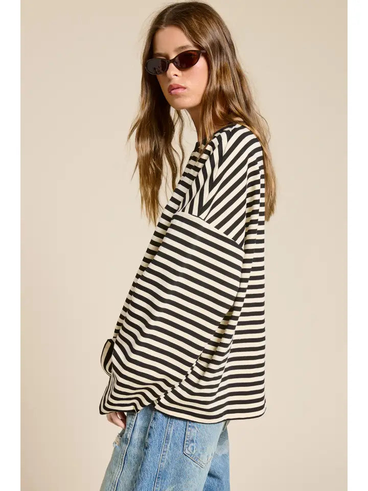 Striped Oversized Long Sleeve Top - Black