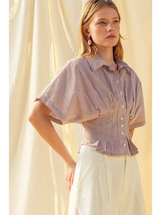 Pleated Waist Button Down - Brown