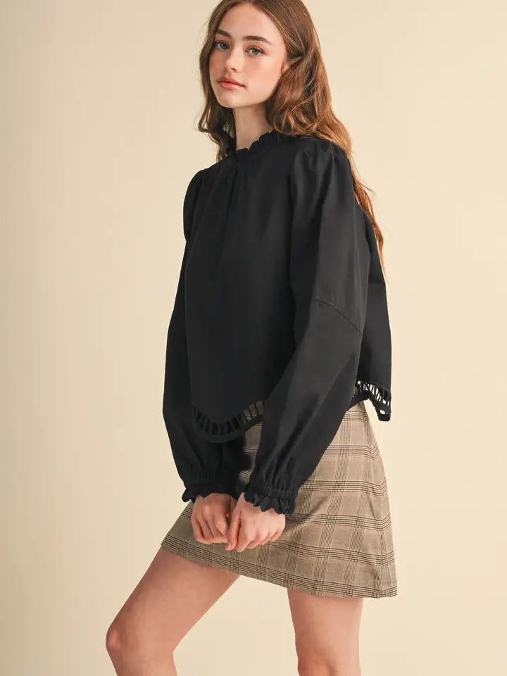 Embroidered Cut-Out Hem Long Sleeve Top - Black
