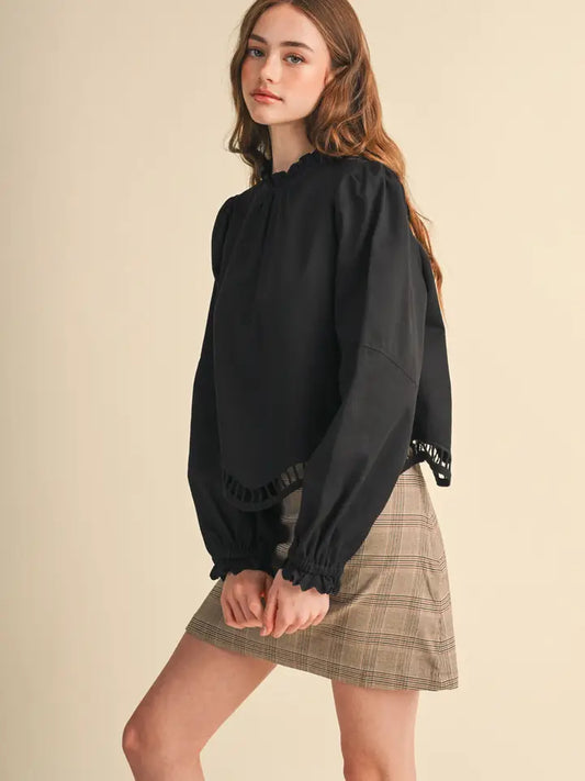 Embroidered Cut-Out Hem Long Sleeve Top - Black