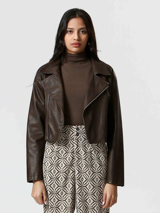 Zipper Faux Leather Jacket - Brown