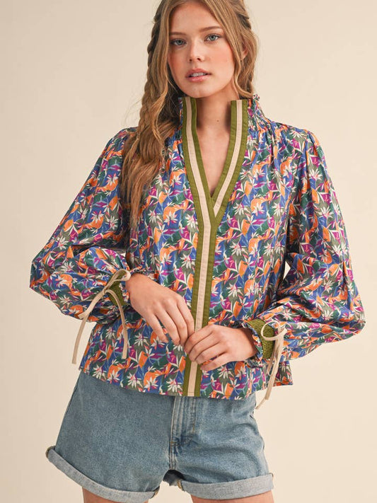 Contrast Neckline Puff Sleeve Top - Magenta Multi