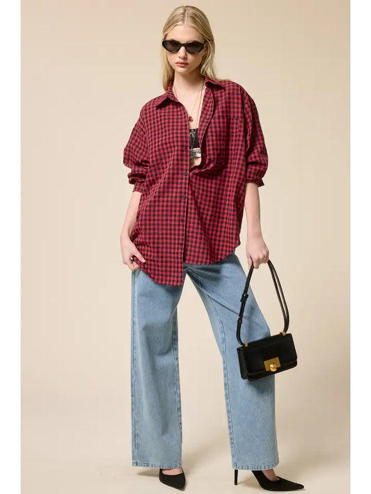 Relaxed Gingham Button Down - Berry