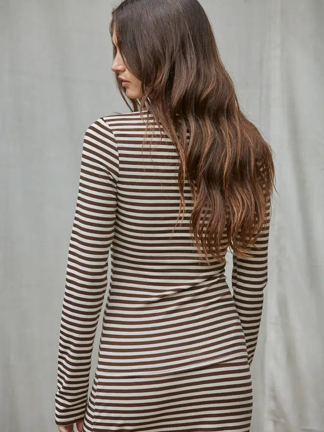 Mock Neck Striped Long Sleeve - Cream Brown