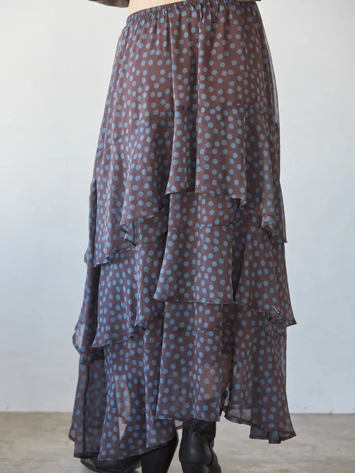 Polka Dot Tiered Skirt - Brown Teal