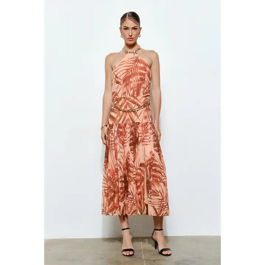 Tropical Halter Maxi Dress - Rust Multi