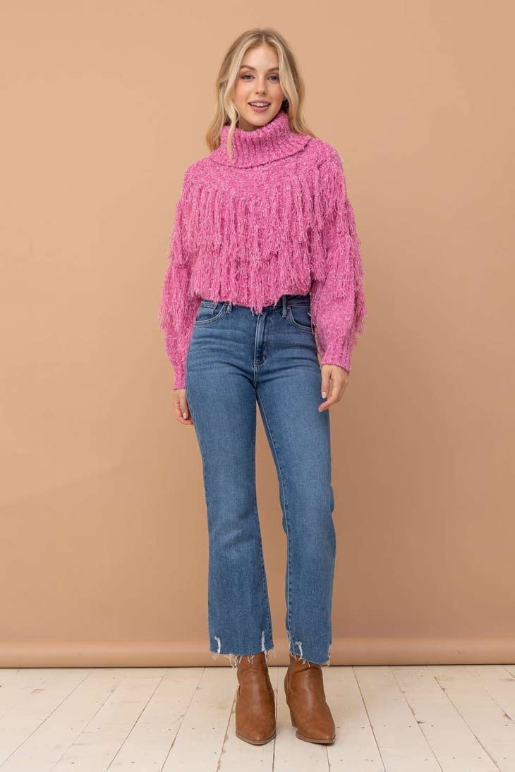 Fringe Cropped Sweater - Pink