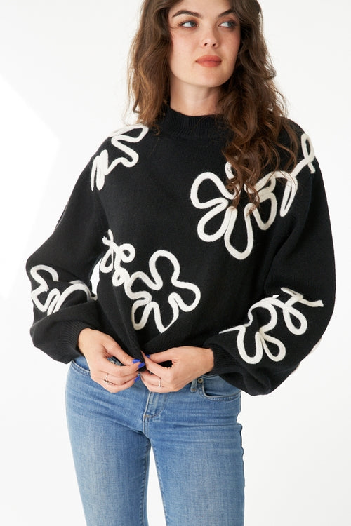 Floral Outline Mock Neck Sweater - Black