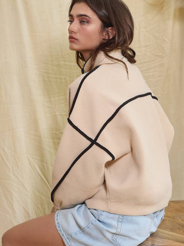 Pluffy Jacket with Contrast Piping - Taupe/Black