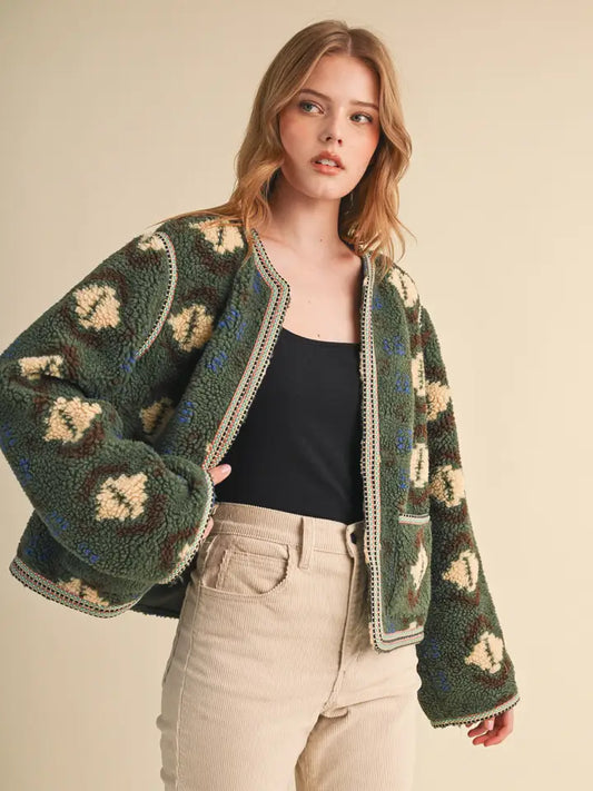 Sherpa Aztec Jacket - Olive Cream