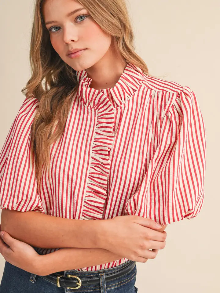 Striped Ruffle Button Down - Berry Red