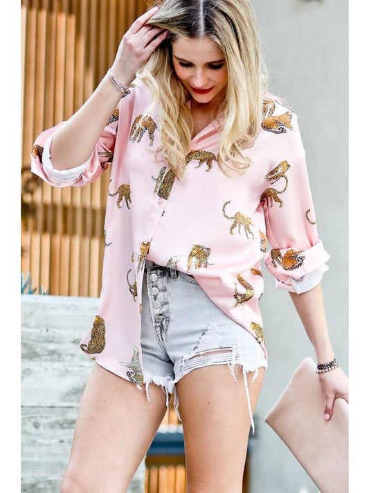 Leopard Button Down - Dusty Pink