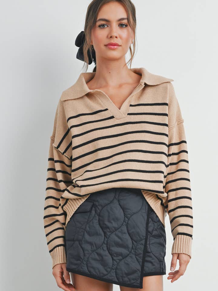 Striped Collared Sweater - Taupe/Black