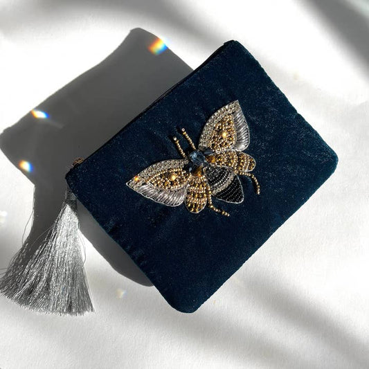 Gilded Bee Velvet Pouch - Navy