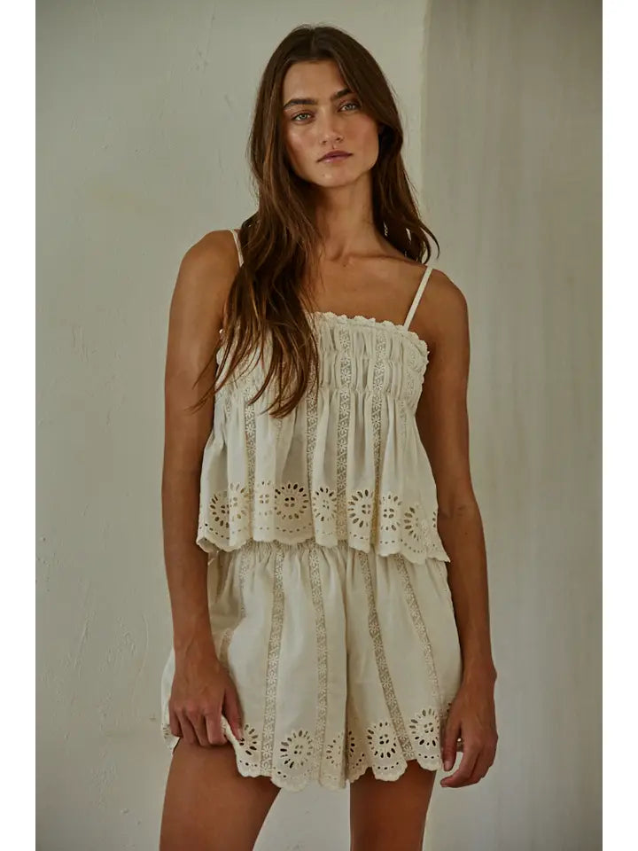 Eyelet Spaghetti Strap Top - Natural