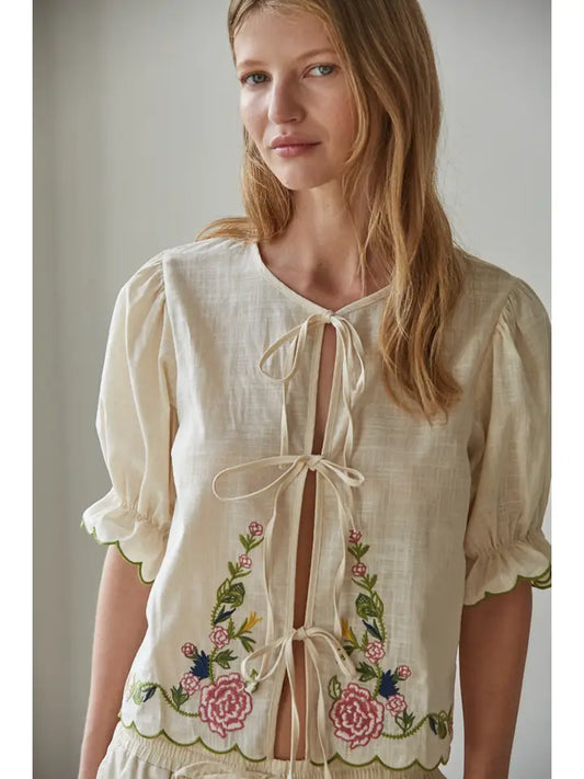 Embroidered Front Tie Top - Natural